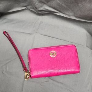 Michael Kors Deep Pink Pebble Leather Zip Around Wristlet Wallet